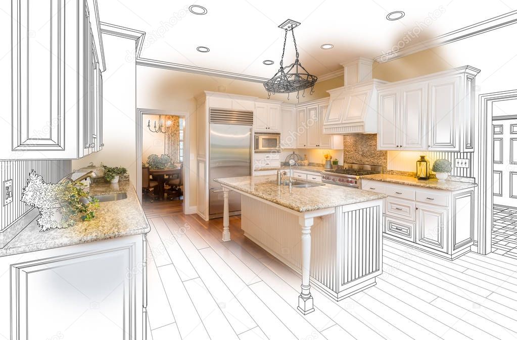 Beautiful Custom Kitchen Drawing and Photo Combination on White.