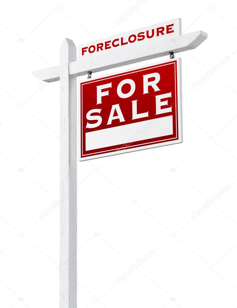 Right Facing Foreclosure Sold For Sale Real Estate Sign Isolated on White.
