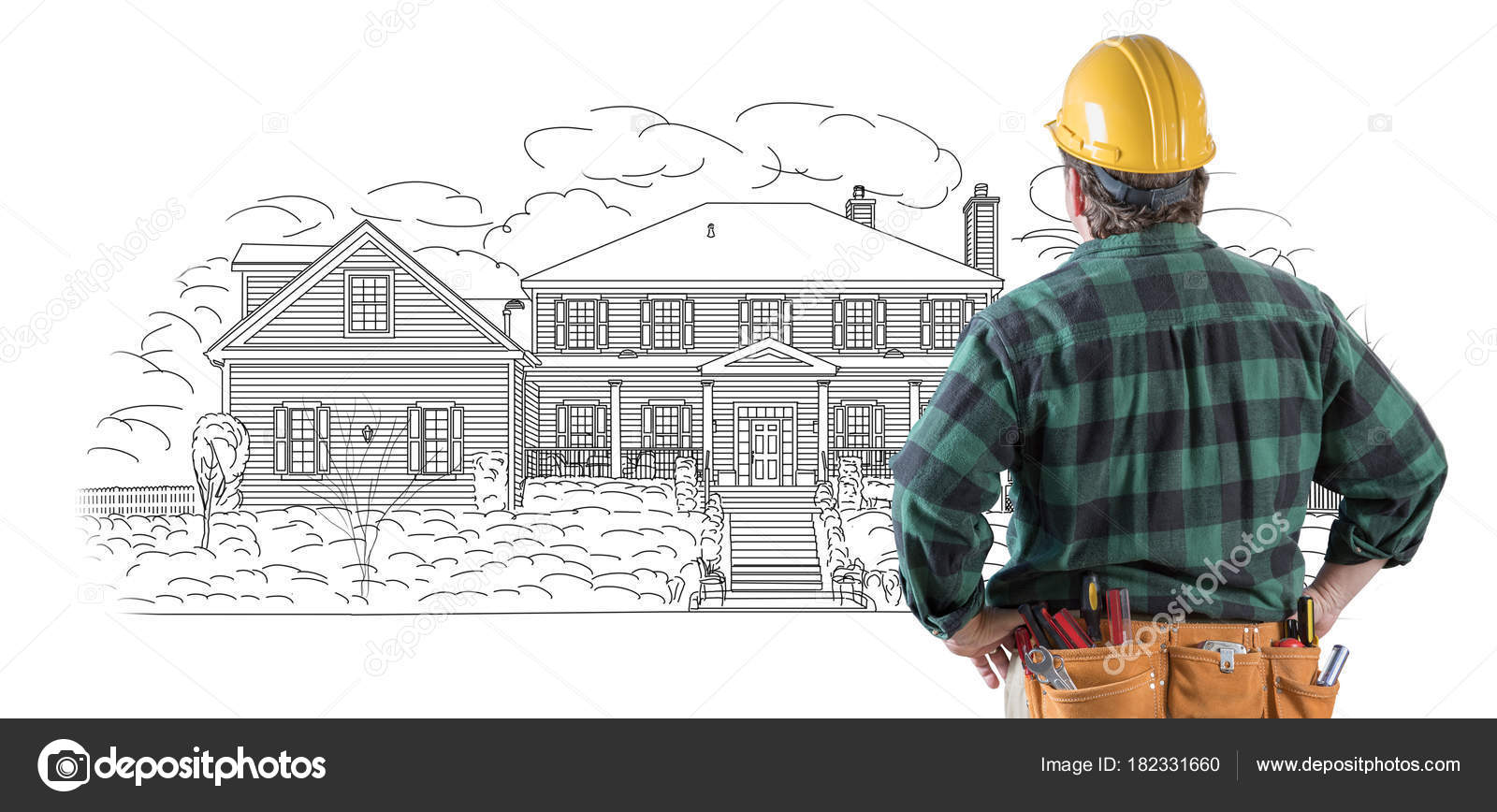 Male Contractor With Hard Hat And Tool Belt Looking At Custom