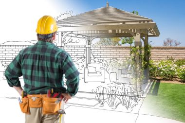 Yüklenici ayakta veranda Pergola adlı seyir tasarlamak çizim ve fotoğraf kombinasyonu.
