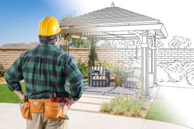 Yüklenici ayakta veranda Pergola adlı seyir tasarlamak çizim ve fotoğraf kombinasyonu.