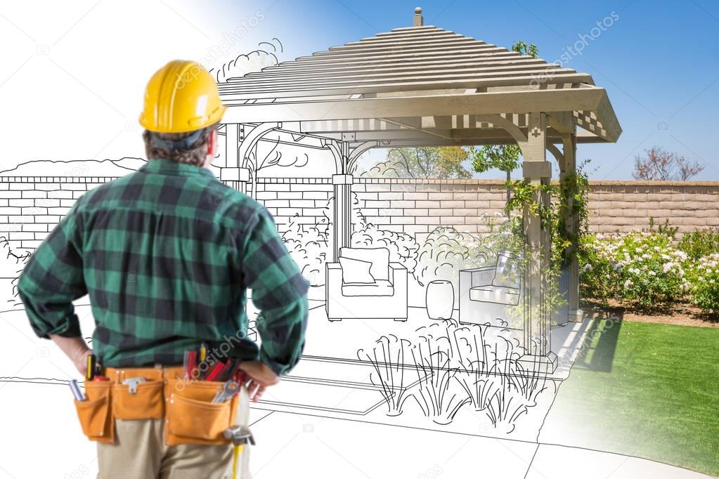 Contractor Standing Looking At Patio Pergola Design Drawing and Photo Combination.