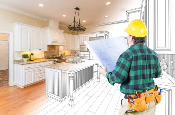 Male Contractor with Hard Hat and Plans Looking At Custom Kitchen Drawing Photo Combination On White. — Stock Photo, Image