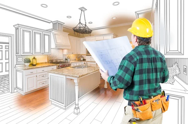 Male Contractor with Hard Hat and Plans Looking At Custom Kitchen Drawing Photo Combination On White. — Stock Photo, Image