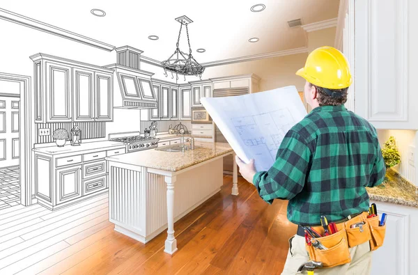 Male Contractor with Hard Hat and Plans Looking At Custom Kitchen Drawing Photo Combination On White. — Stock Photo, Image