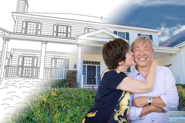 Chinese Senior Adult Couple Kissing In Front Of Custom House Drawing and Photo Transition. — Stock Photo, Image