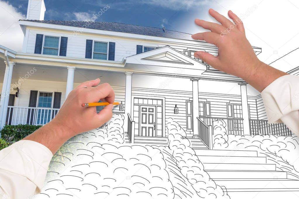 Male Hands Sketching with Pencil the Outline of a House with Photo Showing Through.