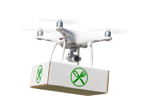 Sistema de aviones no tripulados (UAV) Quadcopter Drone que lleva el paquete con la etiqueta del símbolo de la comida en blanco . —  Fotos de Stock