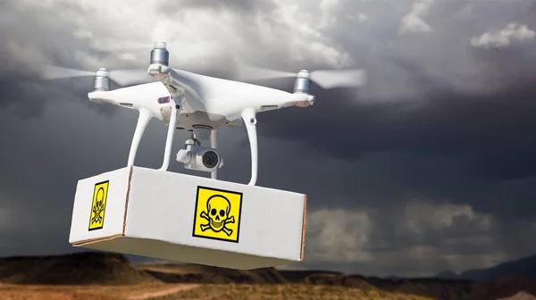 Unmanned Aircraft System (UAV) Quadcopter Drone Carrying Package With Poison Symbol Label Near Stormy Skies.