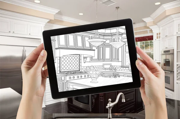 Female Hands Holding Computer Tablet with Drawing on Screen of Kitchen Behind. — Stock Photo, Image