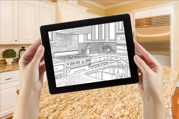 Female Hands Holding Computer Tablet with Drawing on Screen of Kitchen Behind. — Stock Photo, Image