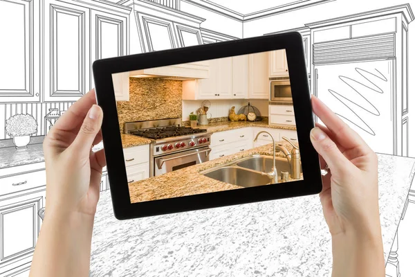 Female Hands Holding Computer Tablet with Kitchen on Screen & Drawing Behind. — Stock Photo, Image