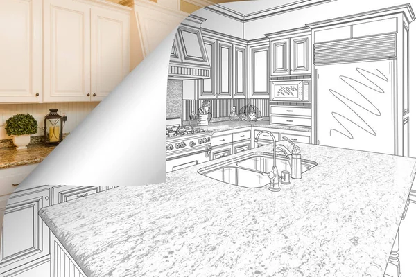 Kitchen Drawing Page Corner Flipping with Photo Behind — Stok Foto