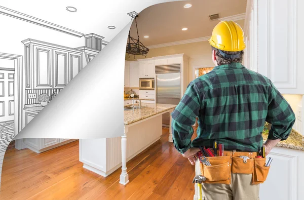 Contractor Facing Kitchen Photo with Page Corner Flipping to Drawing Behind — Stock Photo, Image