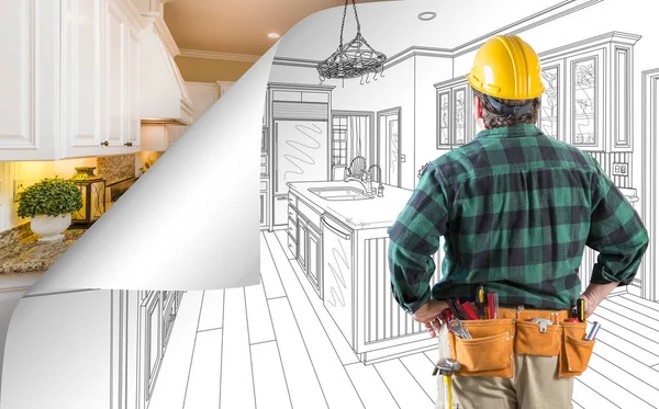 Contractor Facing Kitchen Drawing with Page Corner Flipping to Completed Photo Behind — Stock Photo, Image