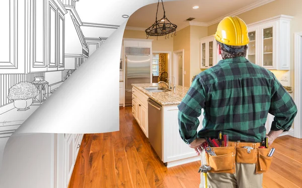 Contractor Facing Kitchen Photo with Page Corner Flipping to Drawing Behind — Stock Photo, Image