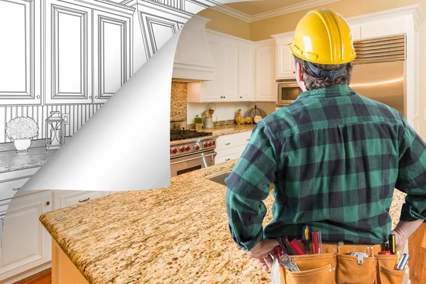 Contractor Facing Kitchen Photo with Page Corner Flipping to Drawing Behind — Stock Photo, Image