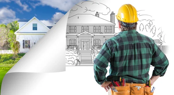 Contractor Facing House Drawing with Page Corner Flipping to Photo Behind. — Stock Photo, Image