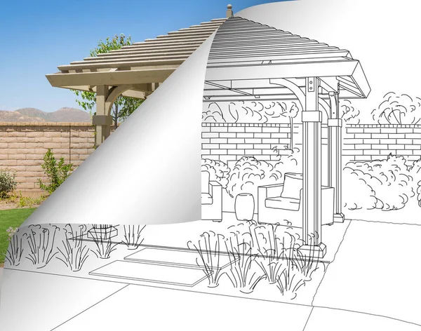 Pergola Drawing with Page Flipping to Completed Photo Behind — Stock Photo, Image