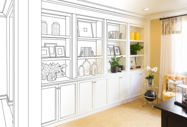 Custom Built-in Shelves and Cabinets Design Drawing Gradating to Finished Photo. clipart