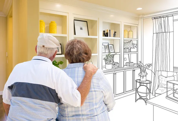 Senior Couple Facing Custom Built-in Shelves and Cabinets Design Drawing Gradating to Finished Photo. — Stock Photo, Image
