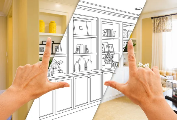Hands Framing Custom Built-in Shelves and Cabinets Design Drawing with Section of Finished Photo. — Stock Photo, Image