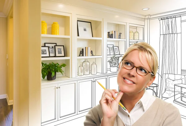 Young Woman Over Custom Built-in Shelves and Cabinets Design Drawing Gradating to Finished Photo. — Stock Photo, Image
