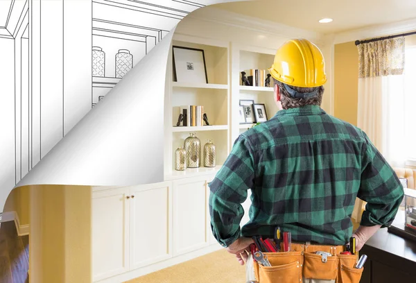 Contractor Facing Built-in Shelves and Cabinets Photo with Page Corner Flipping to Drawing Behind. — Stock Photo, Image