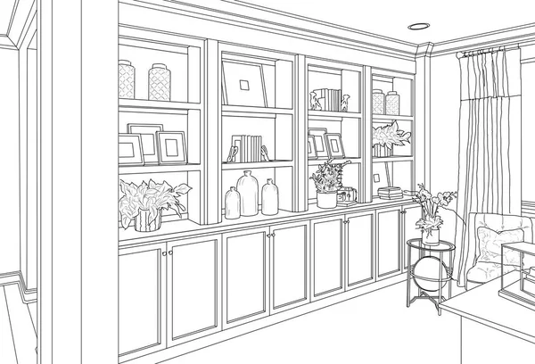 Szczegółowy rysunek niestandardowe salon wbudowane półki i szafki. — Zdjęcie stockowe