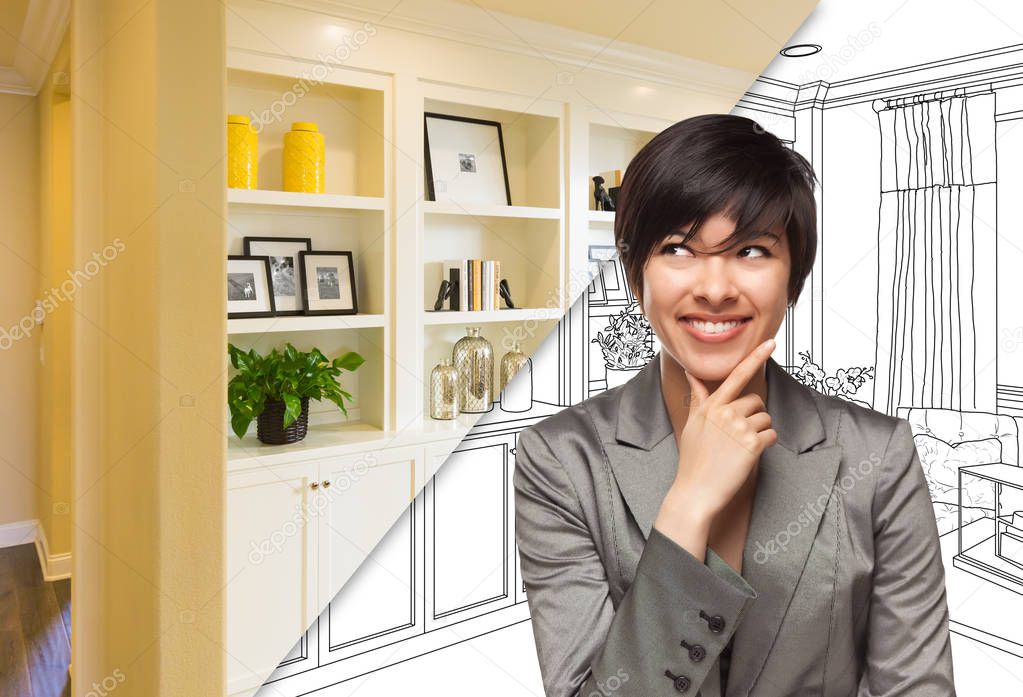 Young Woman Over Custom Built-in Shelves and Cabinets Design Drawing to Cross Section of Finished Photo.