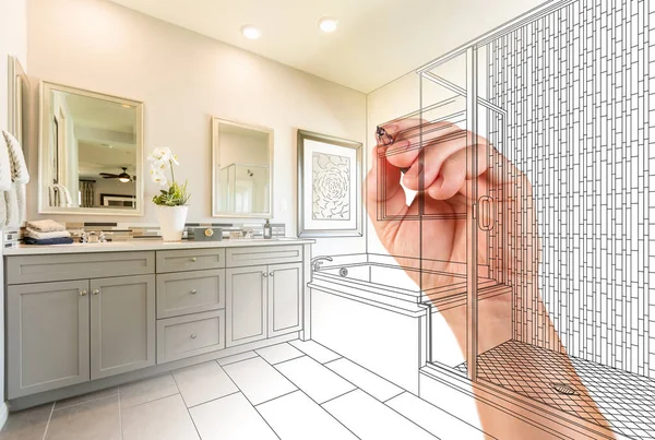 Hand Drawing Custom Master Bathroom with Photo Gradation — Stock Photo, Image