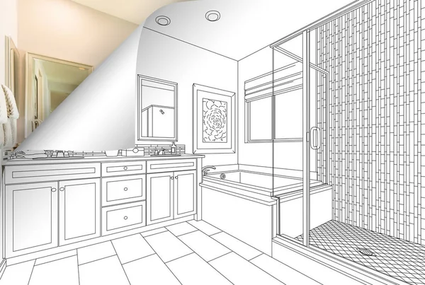 Master bathroom drawing page corner blättern mit Foto dahinter — Stockfoto