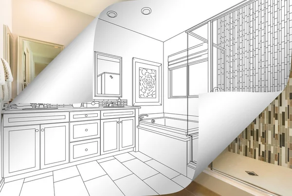 Master Bathroom Drawing Page Corners Flipping with Photo Behind — Stock Photo, Image