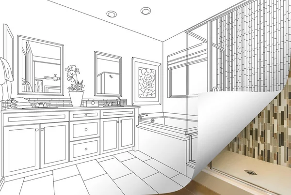 Master bathroom drawing page corner blättern mit Foto dahinter — Stockfoto