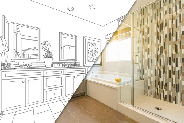 Custom Master Bahroom Design Drawing with Cross Section of Finished Photo. — Stock Photo, Image