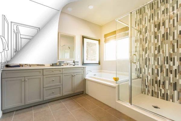 Master badkamer foto pagina hoek spiegelen met tekening achter — Stockfoto
