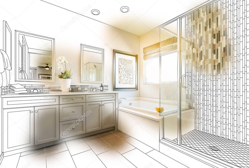 Custom Master Bathroom Design Drawing With Brush Stroke Revealing Finished Photo.