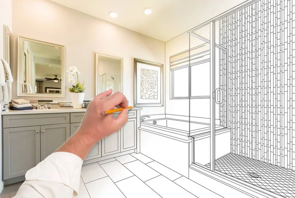 Hand Drawing Custom Master Bathroom with Cross Section of Finished Photograph. — Stok Foto