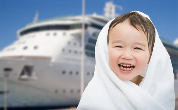 Happy Mixed Race Chinese and Caucasian Boy Near Cruise Ship Wrap — Stock Photo, Image