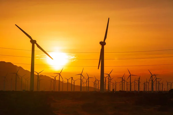 Des éoliennes en silhouette au-dessus d'un ciel spectaculaire au coucher du soleil — Photo