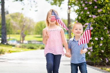 Genç kız ve erkek kardeş parkta Amerikan bayrakları sallayarak