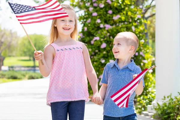 Νέοι αδελφή και ο αδελφός κουνώντας αμερικανικές σημαίες στο πάρκο — Φωτογραφία Αρχείου