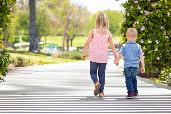 Irmã e irmão segurando as mãos e andando no parque — Fotografia de Stock