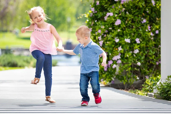 Hermana joven y hermano sosteniendo las manos y corriendo en el parque — Foto de Stock