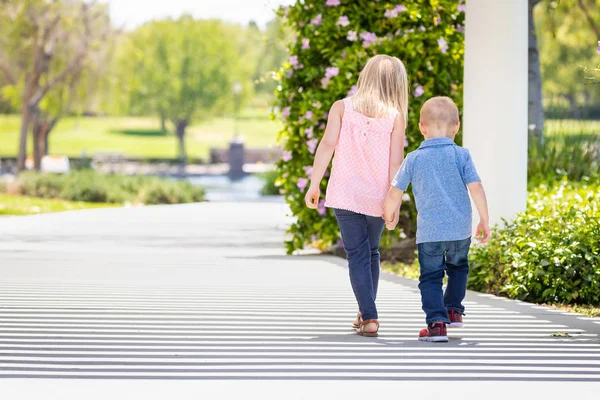 Unga syster och bror innehav händer och promenader i parken — Stockfoto