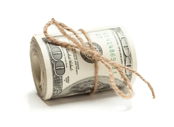 Roll of One Hundred Dollar Bills Tied in Burlap String on White — Stock Photo, Image