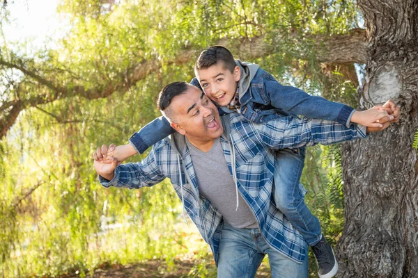 Misto raça pai e filho ter diversão porquinho volta ao ar livre — Fotografia de Stock