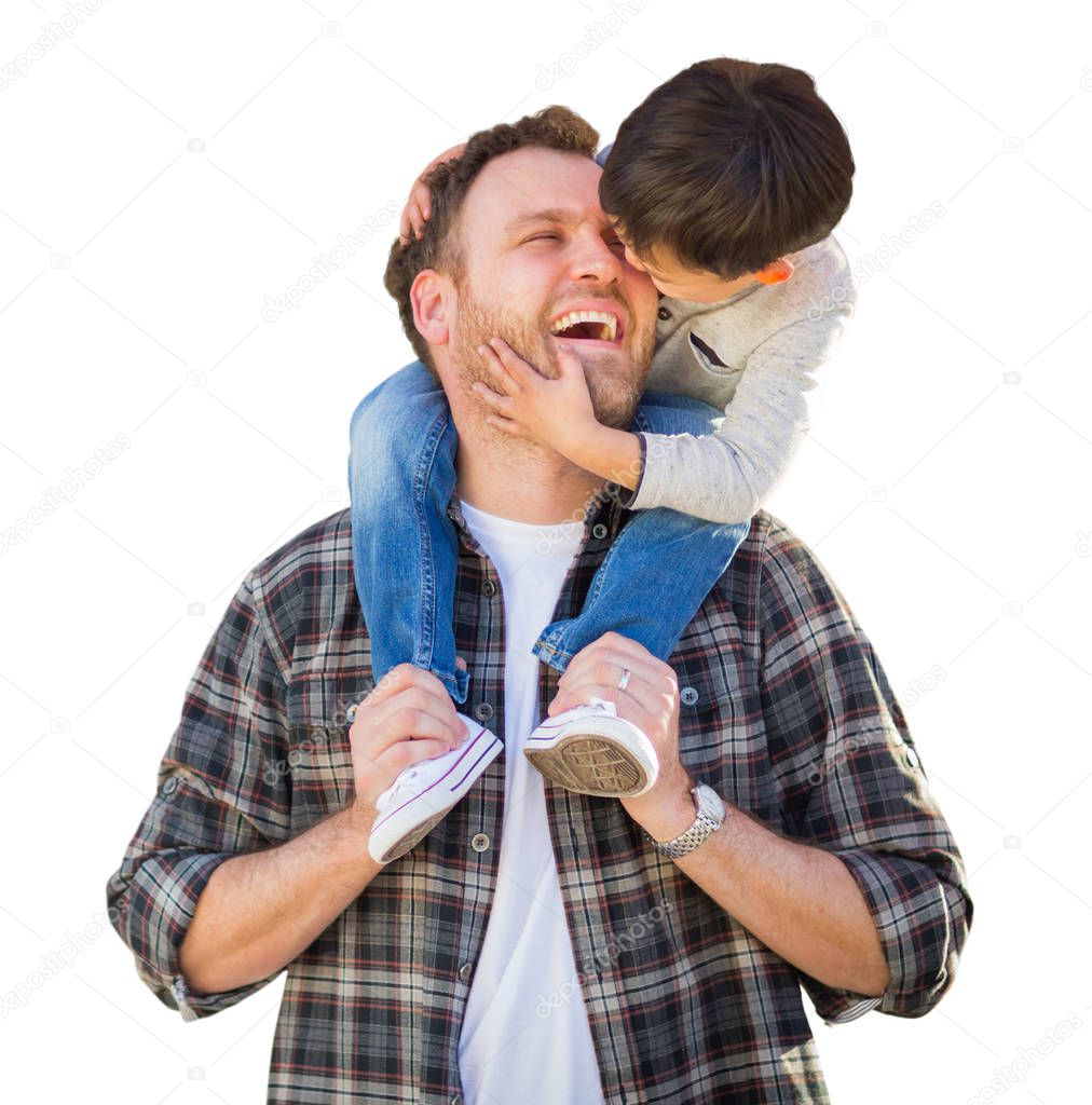 Happy Mixed Race Chinese Boy Riding Piggyback on Shoulders of Caucasian Father Isolated on White