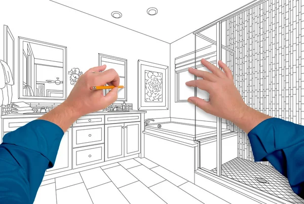 Чоловічі руки Ескіз красивої нестандартної ванної кімнати — стокове фото
