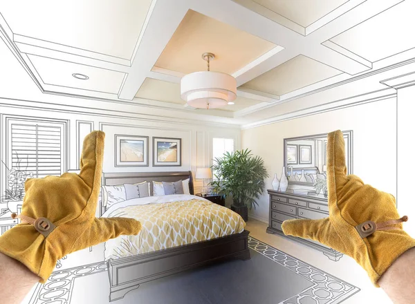 Maschio appaltatore mani incorniciatura completato sezione di disegno personalizzato Master Bedroom Design — Foto Stock